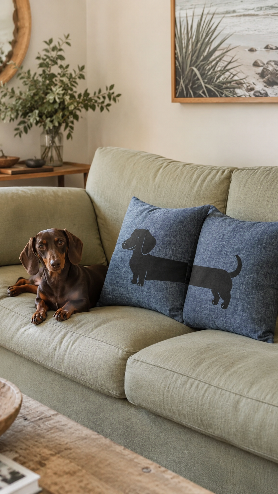 Chocolate dachshund dog beside slate blue sausage dog split cushion cover set on sage sofa — dachshund home decor gift Australia by Rieko's World