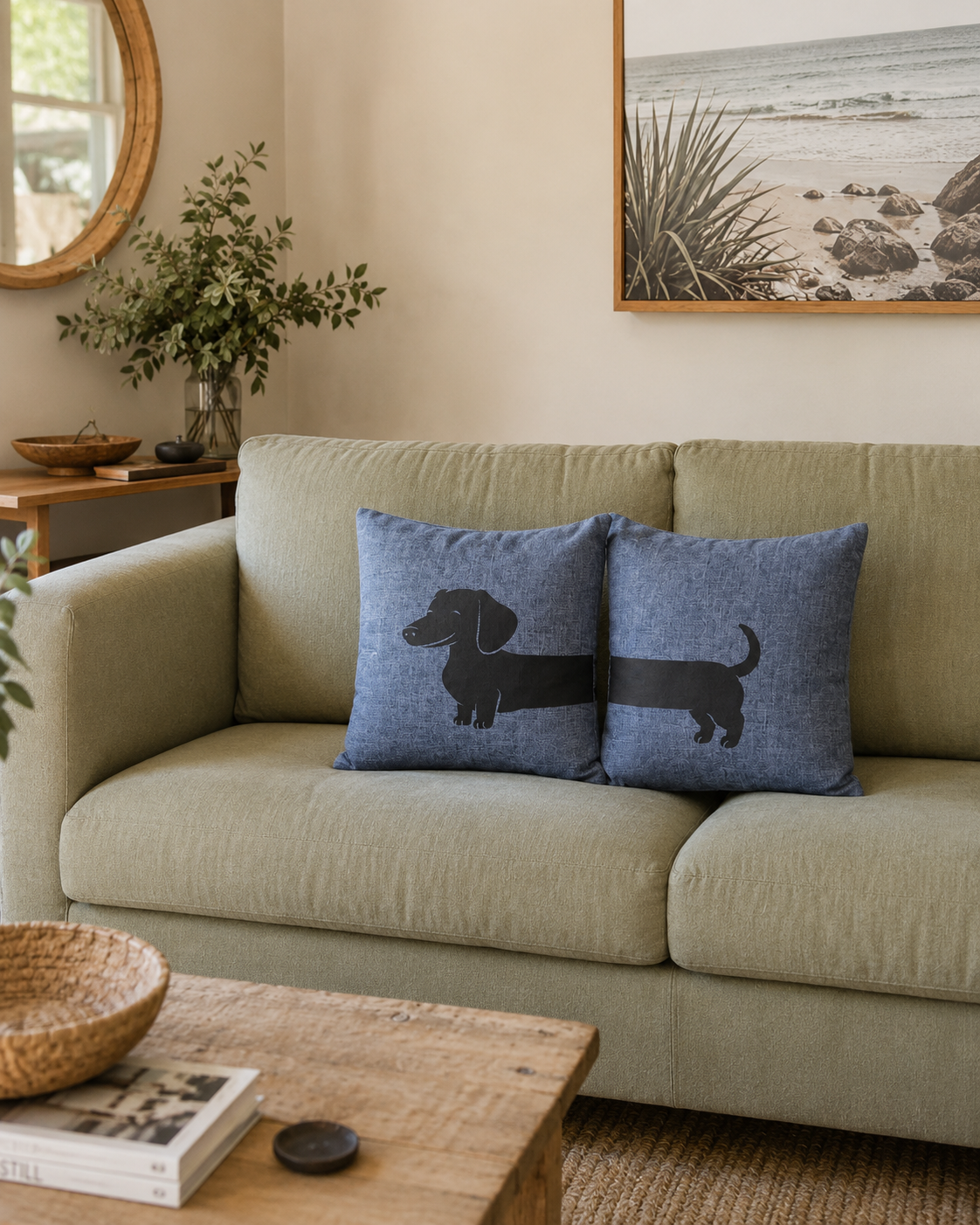 blue dachshund split cushion cover set on sage green sofa — sausage dog cushion gift for dachshund lovers Australia by Rieko's World