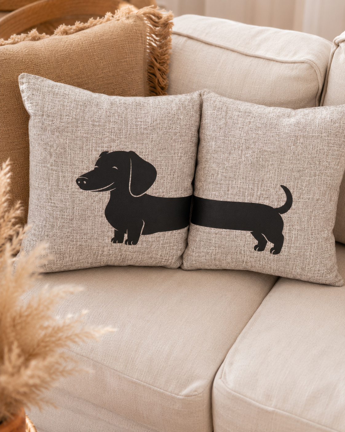 Close up light grey sausage dog split cushion cover set on beige sofa — dachshund lover gift Australia by Rieko's World