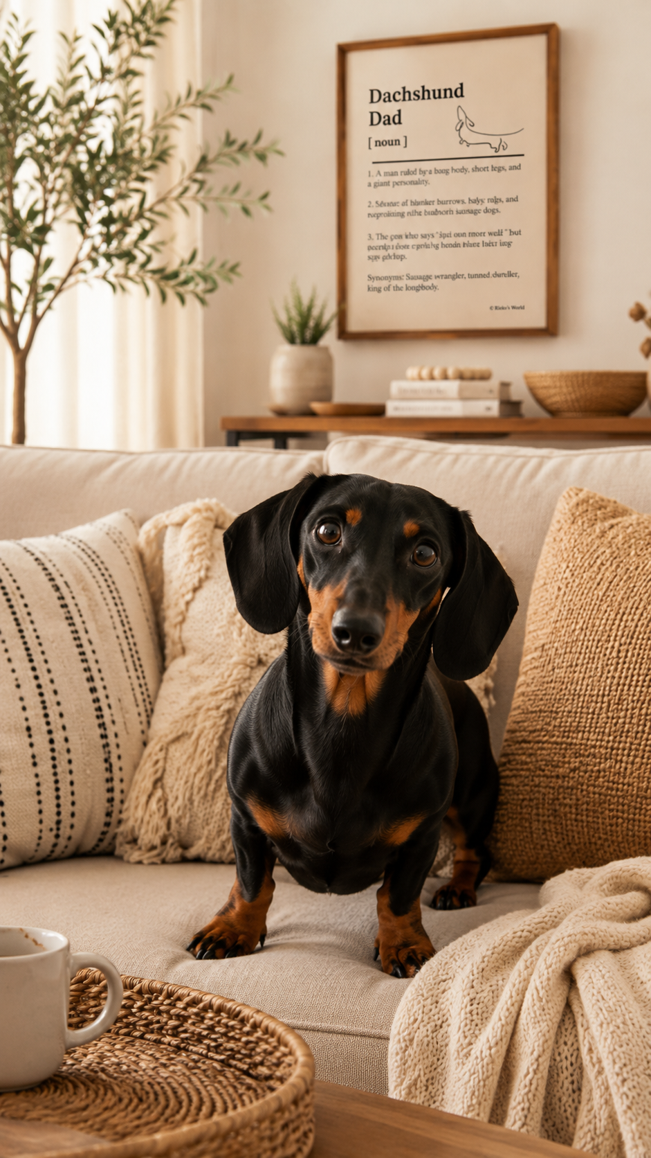 A black and tan dachshund sits on a beige sofa in a cozy living room setting, surrounded by textured throw pillows and a knit blanket. In the background, a framed 'Dachshund Dad' quote print hangs on the wall.