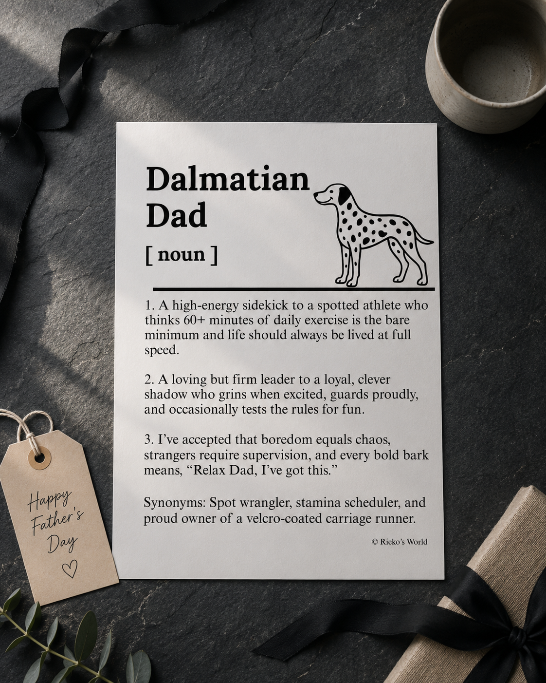 Dalmatian Dog Dad Dog Mum Definition print, digital download wall art for dog mums and dog dads Australia | Rieko's World