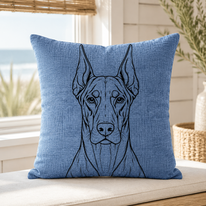 A square blue throw pillow with a black line art illustration of a dog's face, resting on a light beige cushion in a sunlit room with a window and beach view in the background.