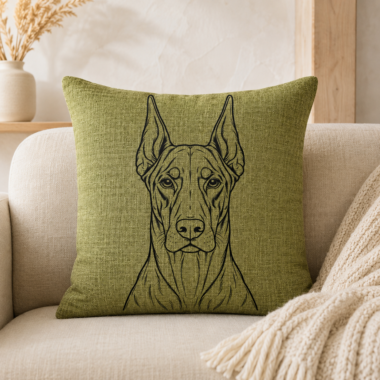 An olive green throw pillow with a black line art illustration of a Great Dane dog, resting on a beige sofa next to a cream knit blanket.