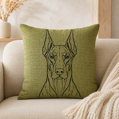 An olive green throw pillow with a black line art illustration of a Great Dane dog, resting on a beige sofa next to a cream knit blanket.