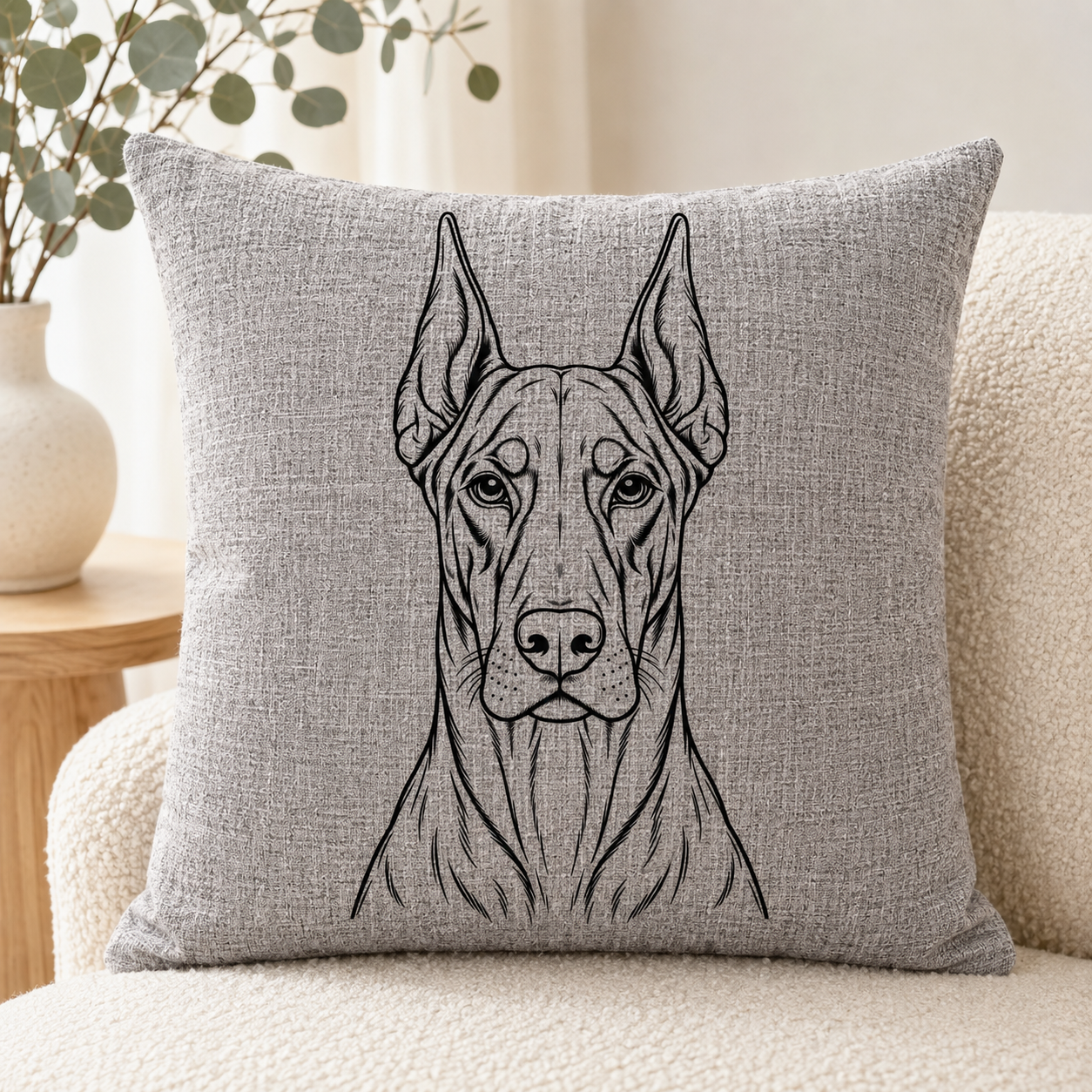 A square gray throw pillow with a black line art illustration of a Great Dane dog, resting on a beige textured sofa next to a wooden side table with a vase of greenery.