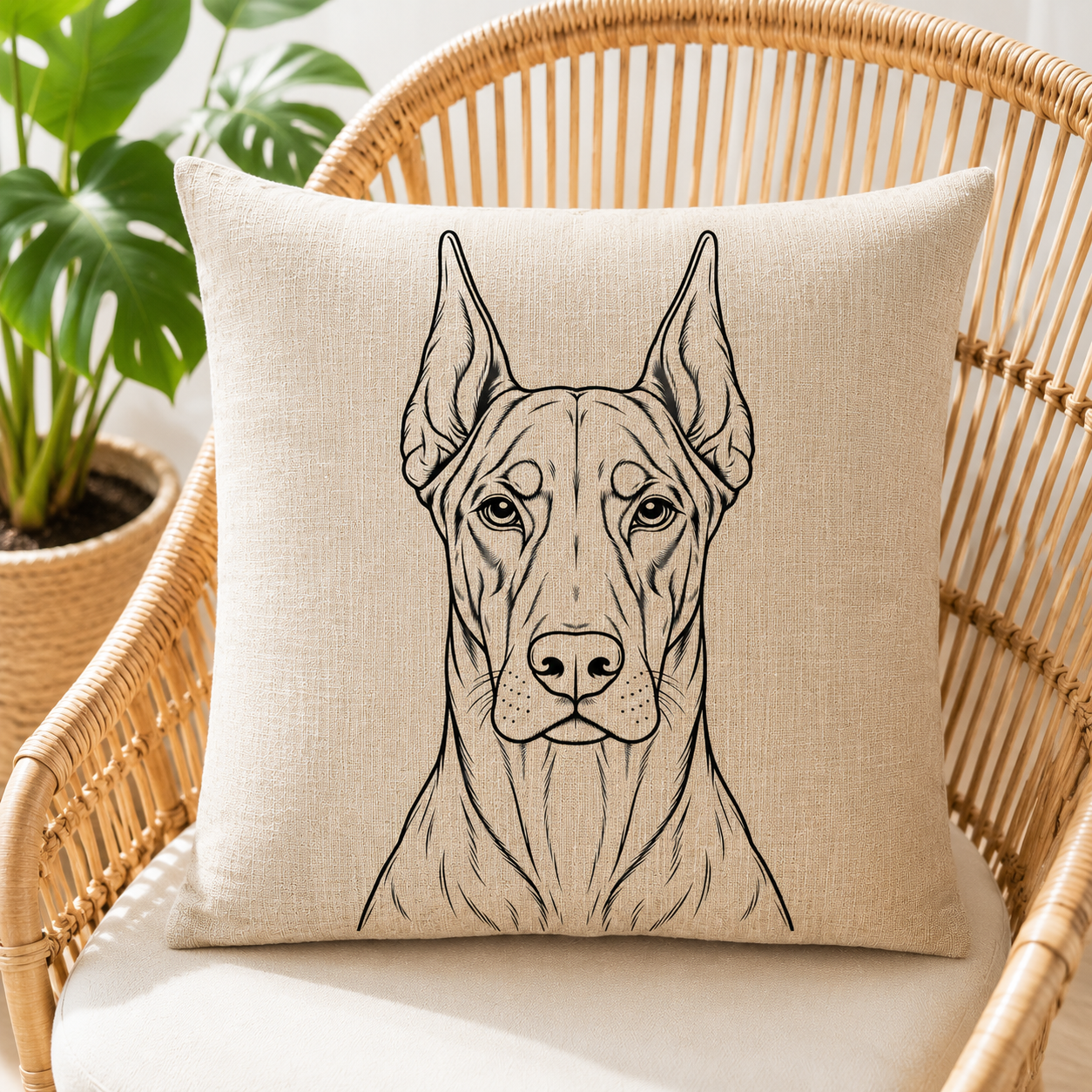 A square beige linen throw pillow with a black line art illustration of a Great Dane dog, resting on a woven rattan armchair next to a potted green plant.