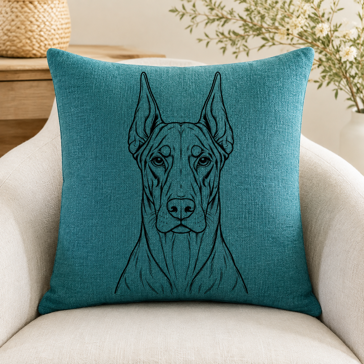 A square teal throw pillow with a black line art illustration of a Great Dane dog, resting on a light beige armchair in a cozy indoor setting.