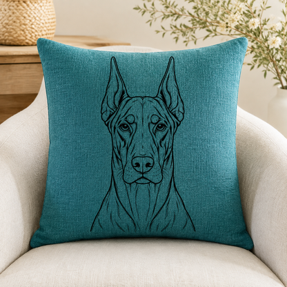A square teal throw pillow with a black line art illustration of a Great Dane dog, resting on a light beige armchair in a cozy indoor setting.