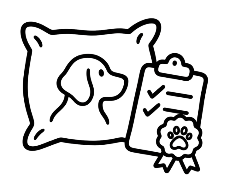 Black and white line art icon depicting a dog portrait on a pillow next to a clipboard with a paw print badge.
