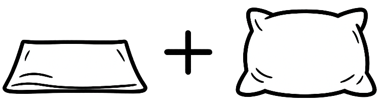 A simple black line drawing on a white background showing two cushion shapes separated by a plus sign, suggesting one flat with no insert and the second with an insert