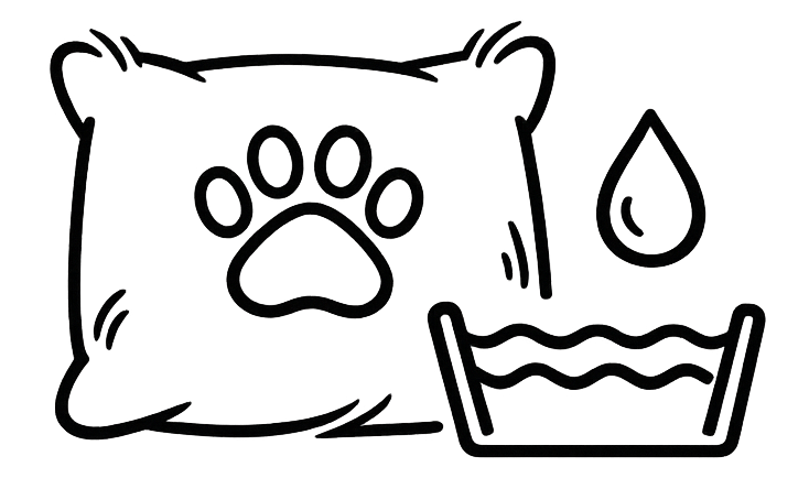 Black line art icon depicting a dog paw print on a cushion pillow next to a washing care guidesymbol with a water droplet, representing machine washable.