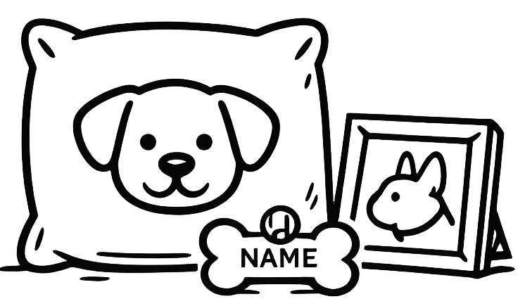 Black and white line art illustration of a customisable dog cushion, featuring a dog face on the pillow, a bone-shaped nameplate with 'NAME' in the centre, and a small framed picture of a dog on a plain white background.