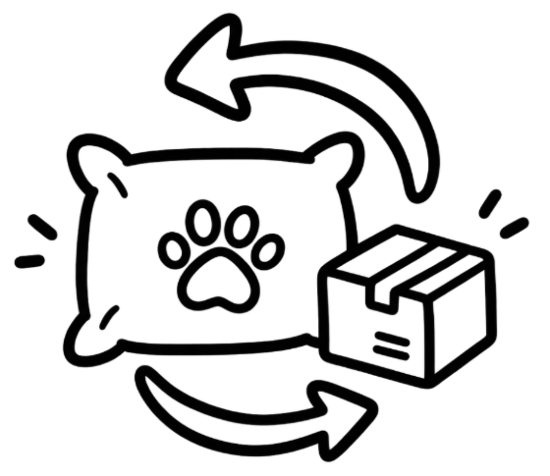 A black and white line art icon depicting a dog toy pillow with a paw print, a shipping box, and circular arrows indicating a return or shipping process.