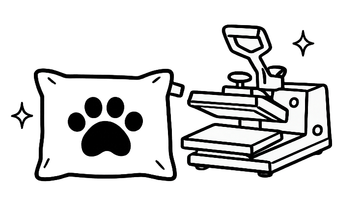 Black and white line art icon depicting a heat press machine next to a cushion cover pillow with a paw print graphic, on a solid white background.