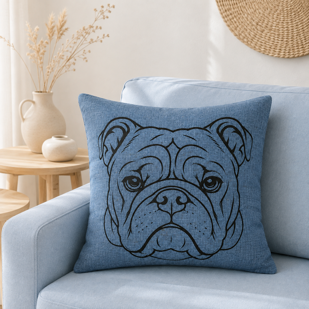 English bulldog outline image on blue cushion in coastal scene on blue sofa