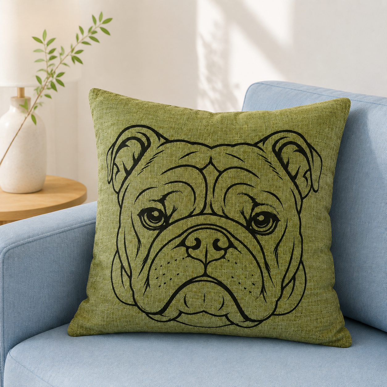 English bulldog outline image on green cushion in coastal scene on blue sofa