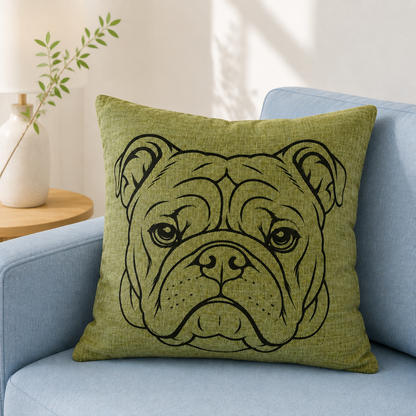 English bulldog outline image on green cushion in coastal scene on blue sofa