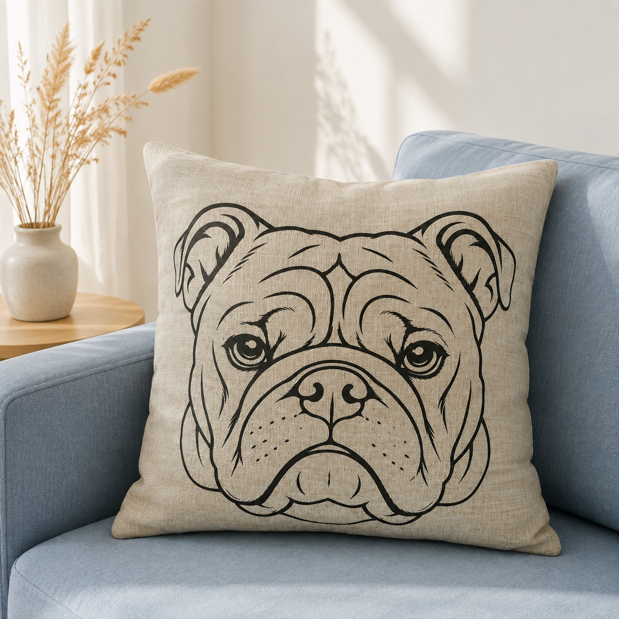 English bulldog outline image on natural linen cushion in coastal scene on blue sofa
