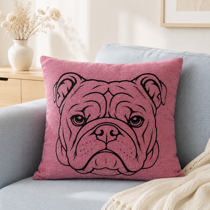 English bulldog outline image on pink cushion in coastal scene on blue sofa