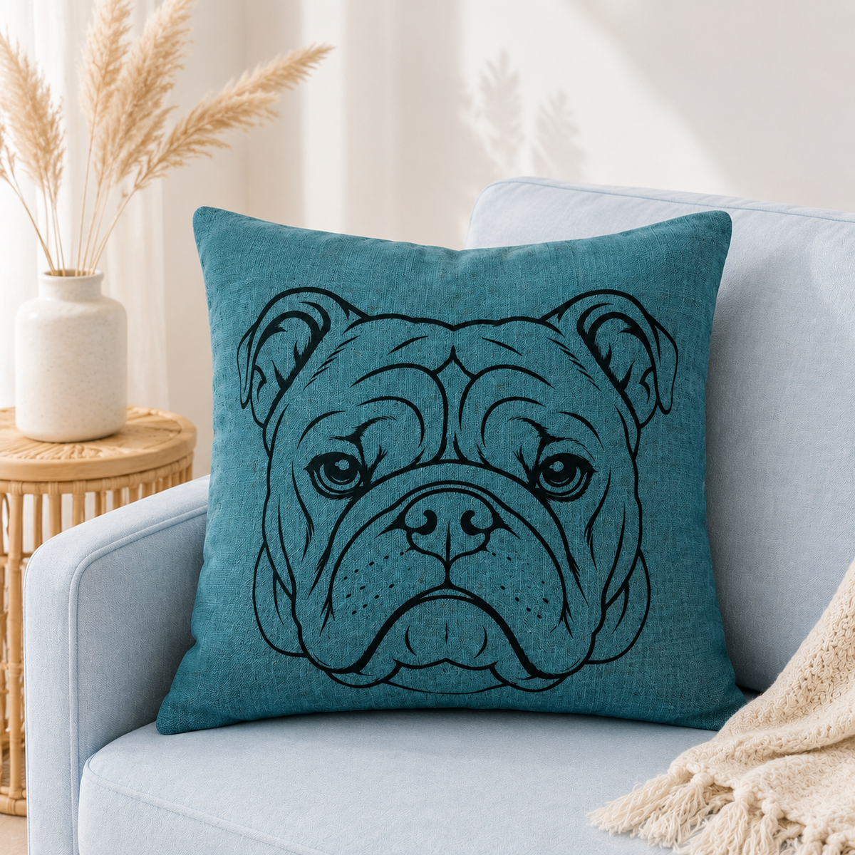 English bulldog outline image on teal cushion in coastal scene on blue sofa