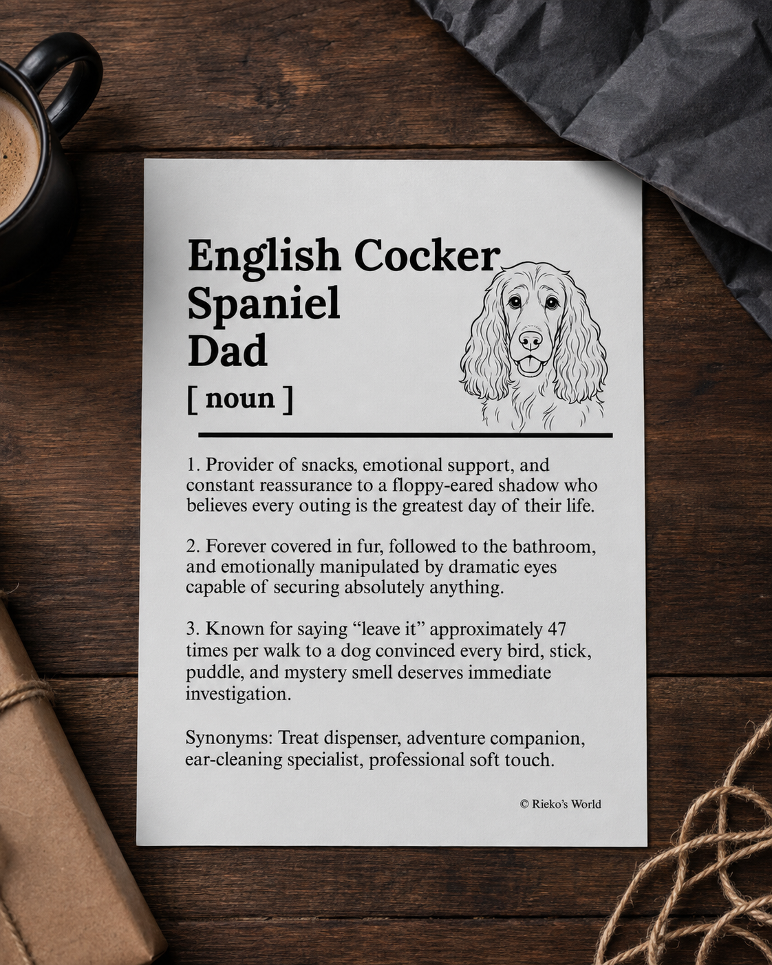 English Cocker Spaniel Dog Dad Dog Mum Definition print, digital download wall art for dog mums and dog dads Australia | Rieko's World