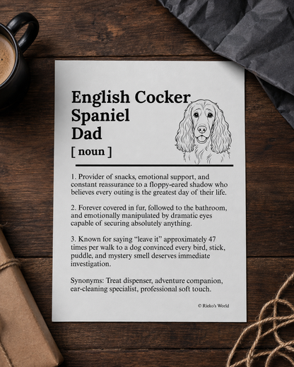 English Cocker Spaniel Dog Dad Dog Mum Definition print, digital download wall art for dog mums and dog dads Australia | Rieko's World