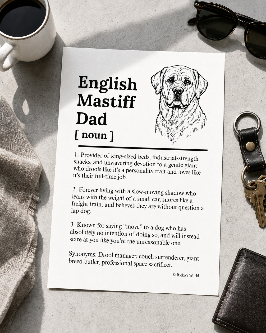English Mastiff Dog Dad Dog Mum Definition print, digital download wall art for dog mums and dog dads Australia | Rieko's World