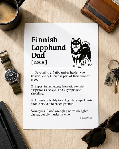 Finnish Lapphund Dog Dad Dog Mum Definition print, digital download wall art for dog mums and dog dads Australia | Rieko's World