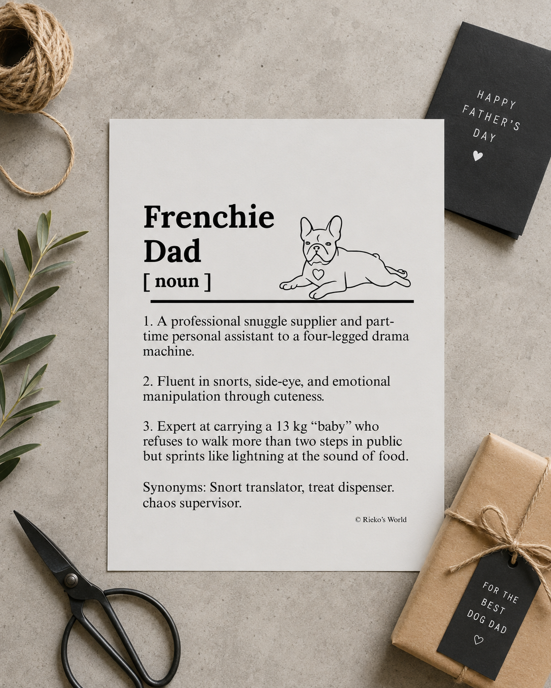 Frenchie Dog Dad Dog Mum Definition print, digital download wall art for dog mums and dog dads Australia | Rieko's World