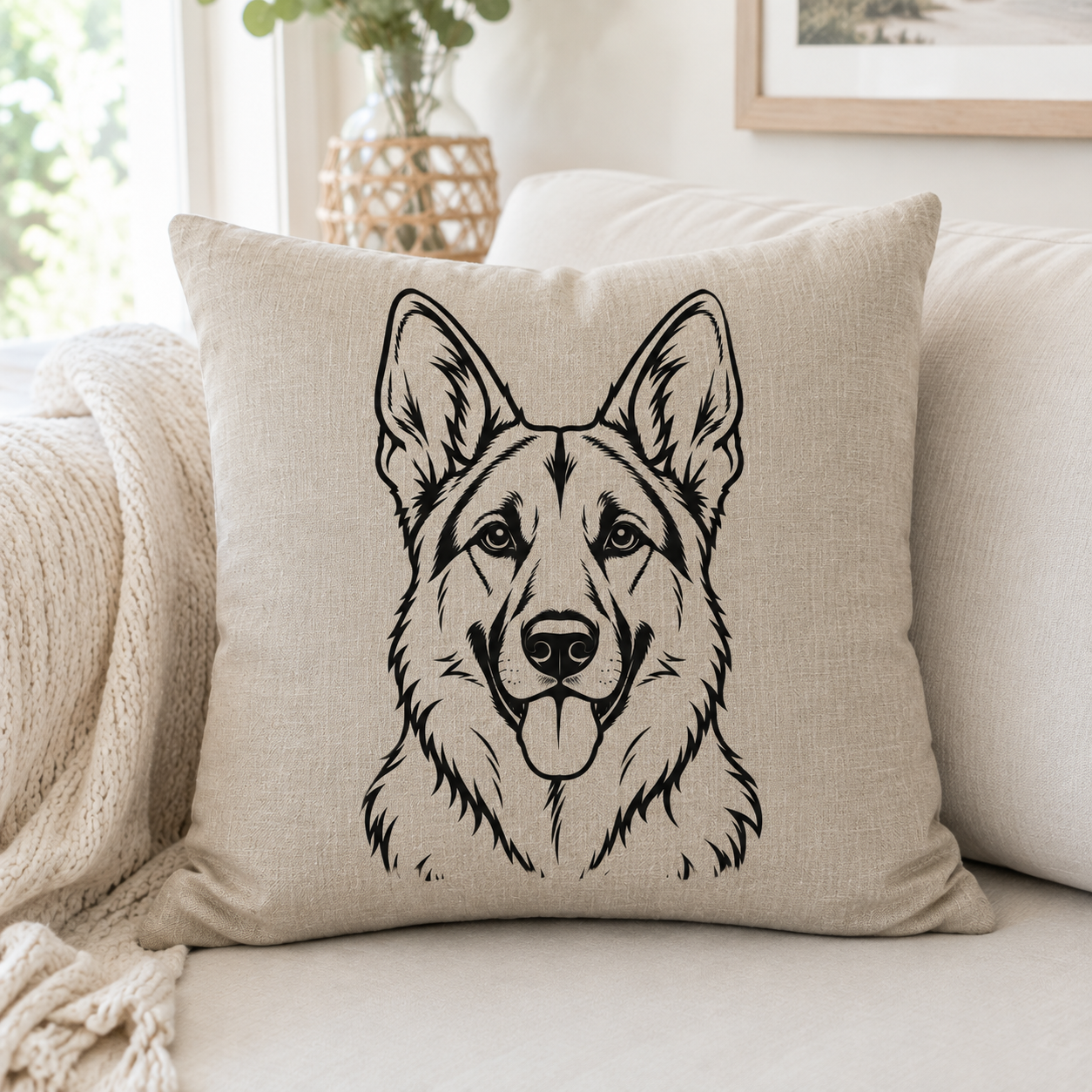 A square beige throw pillow featuring a black line art illustration of a German Shepherd dog, styled on a light-colored sofa with a cream knit blanket.