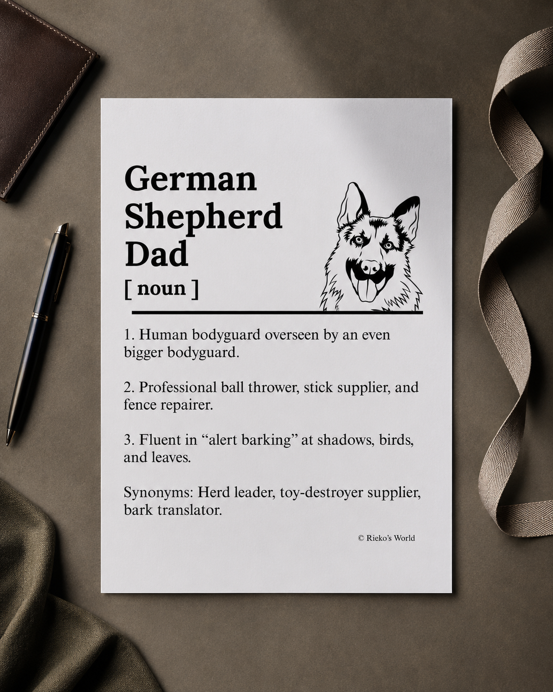 German Shepherd Dog Dad Dog Mum Definition print, digital download wall art for dog mums and dog dads Australia | Rieko's World