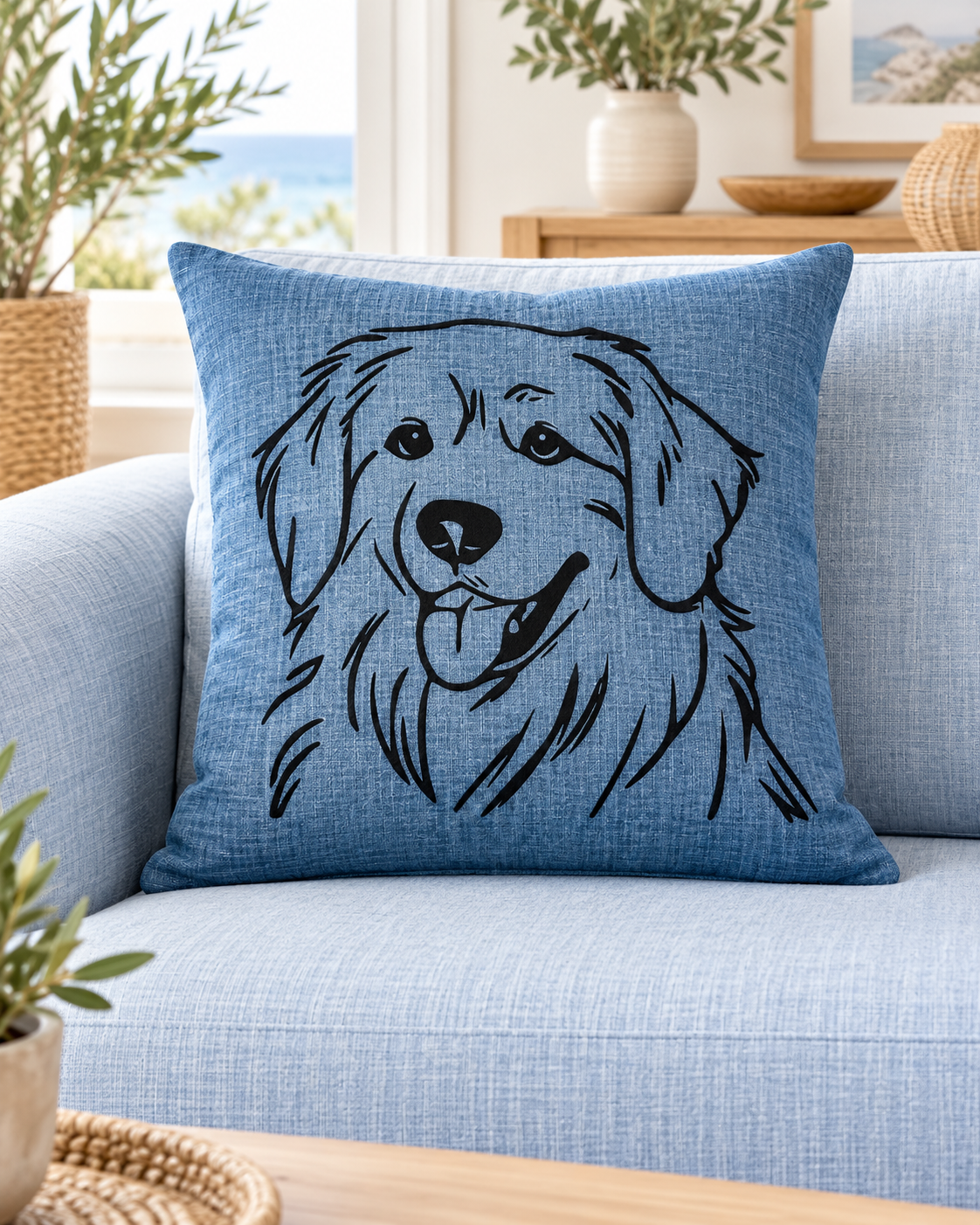 Blue Golden Retriever cushion with a black dog outline, styled on a light blue sofa in a bright living room.