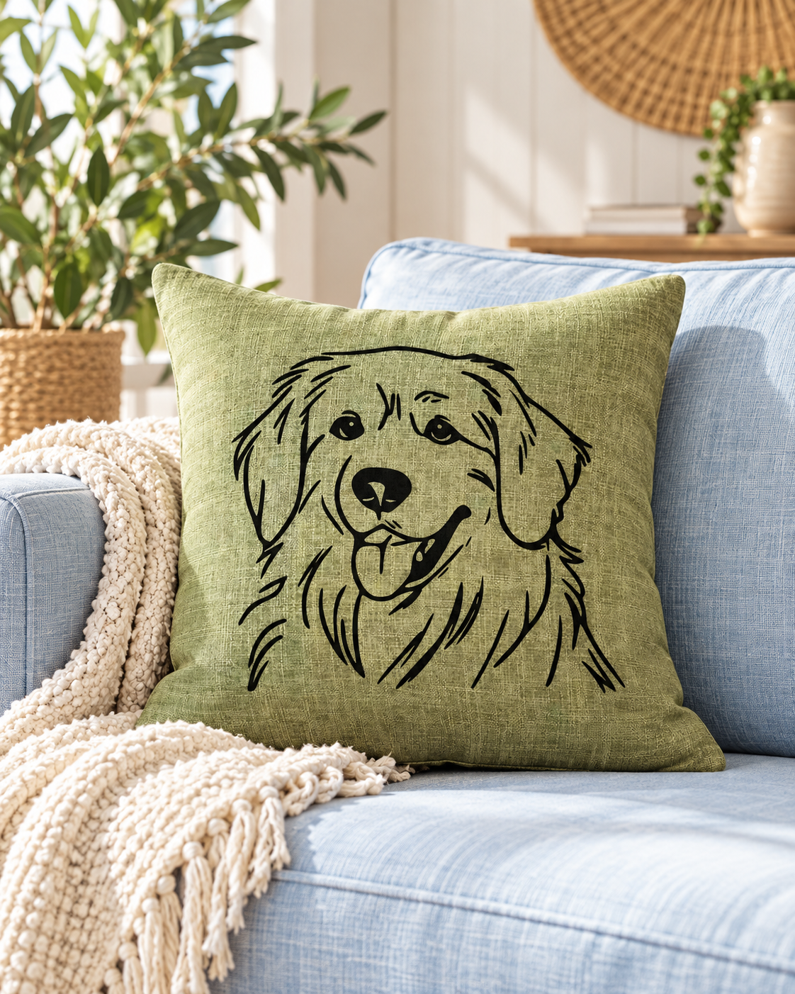 Green Golden Retriever cushion with a black dog outline, styled on a light blue sofa in a bright living room.