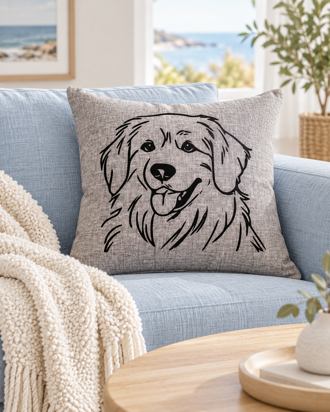 Light grey Golden Retriever cushion with a black dog outline, styled on a light blue sofa in a bright living room.