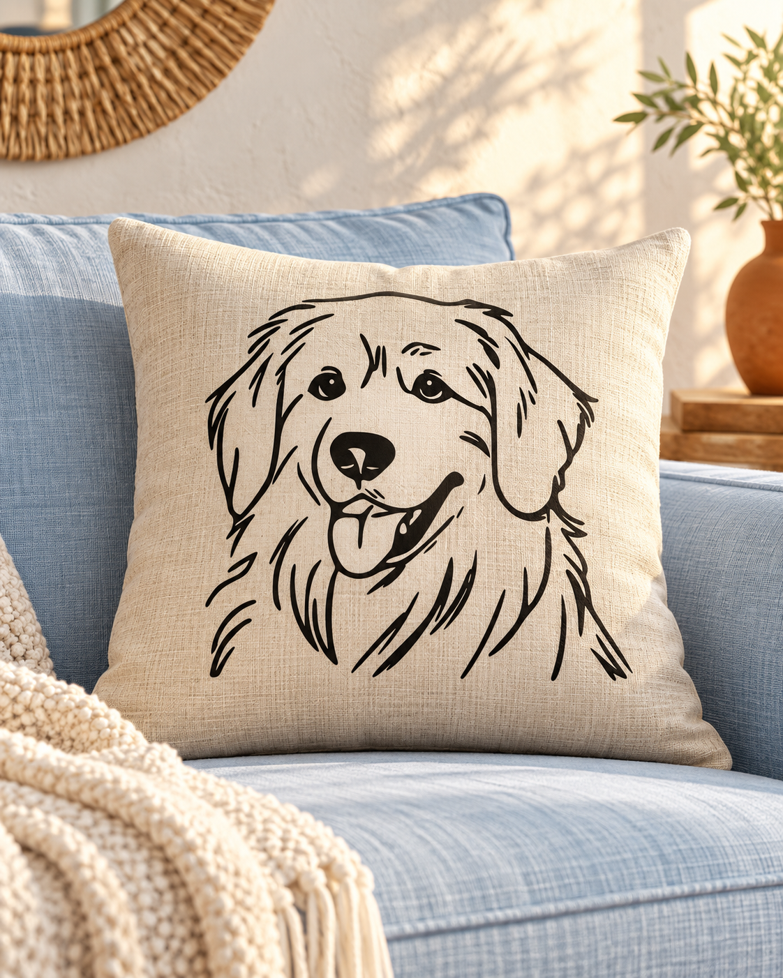 Natural Golden Retriever cushion with a black dog outline, styled on a light blue sofa in a bright living room.