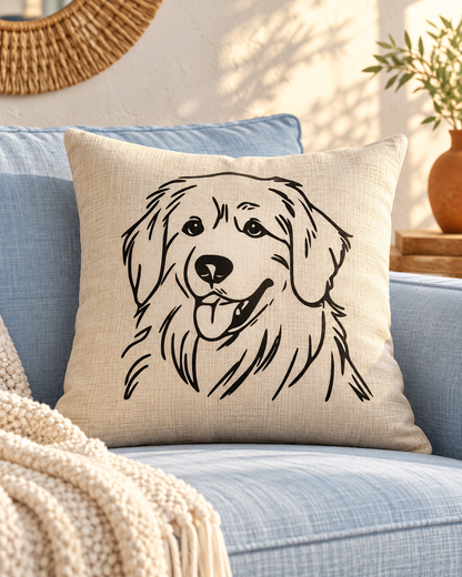Natural Golden Retriever cushion with a black dog outline, styled on a light blue sofa in a bright living room.