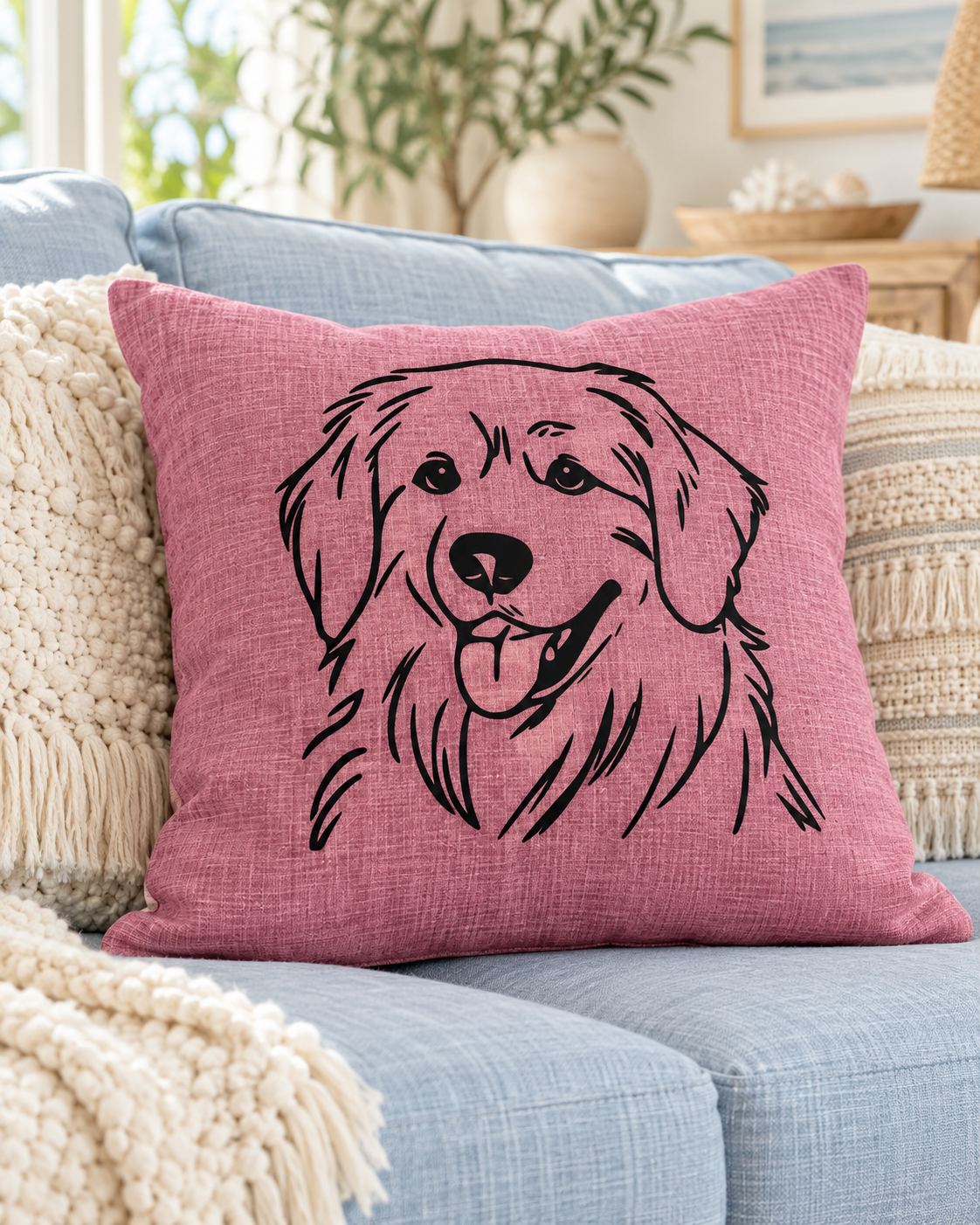 Pink Golden Retriever cushion with a black dog outline, styled on a light blue sofa in a bright living room.