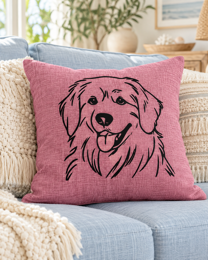 Pink Golden Retriever cushion with a black dog outline, styled on a light blue sofa in a bright living room.