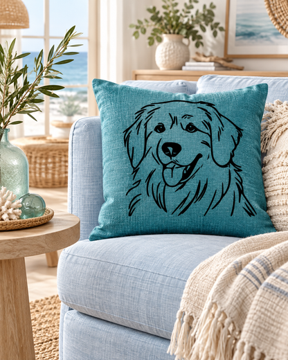 Teal Golden Retriever cushion with a black dog outline, styled on a light blue sofa in a bright living room.