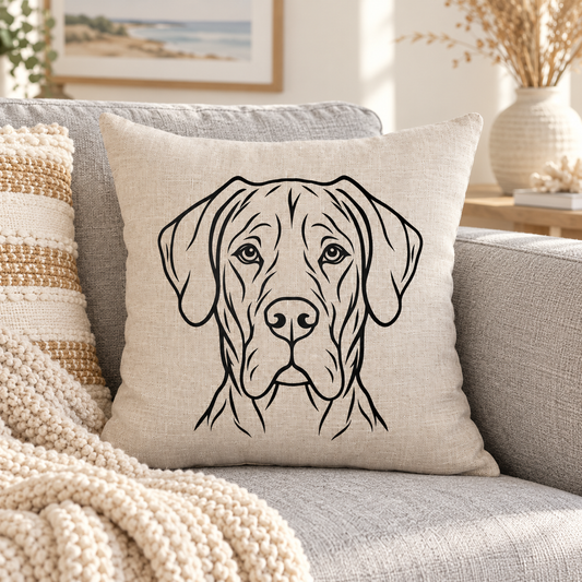 Great Dane cushion cover with black line-art portrait on natural linen-look fabric, styled on a grey sofa in a bright coastal living room.