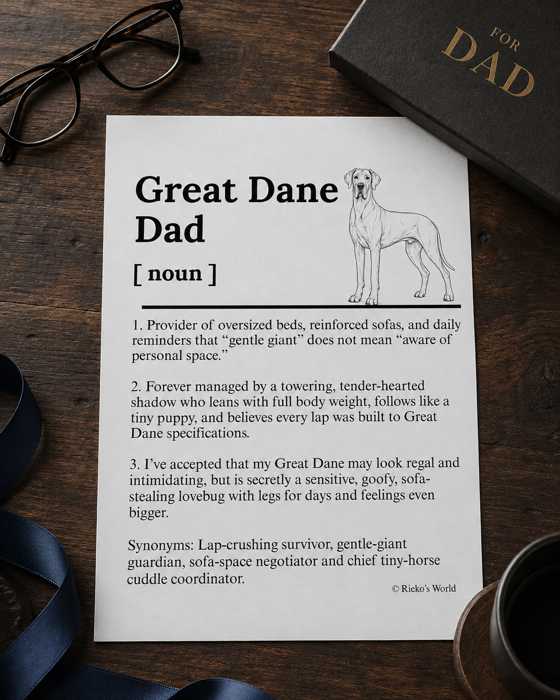 Great Dane Dog Dad Dog Mum Definition print, digital download wall art for dog mums and dog dads Australia | Rieko's World