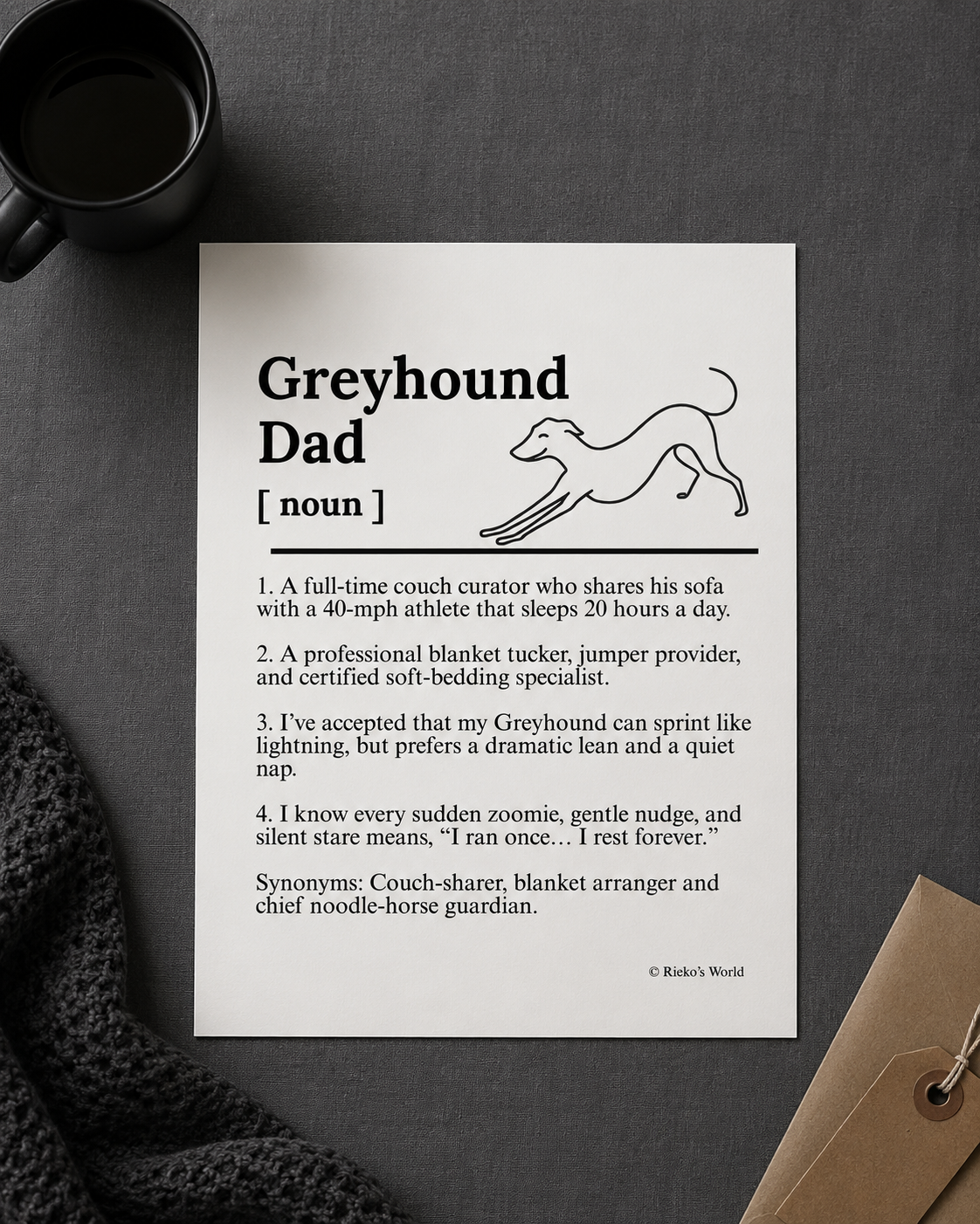 Greyhound Dog Dad Dog Mum Definition print, digital download wall art for dog mums and dog dads Australia | Rieko's World