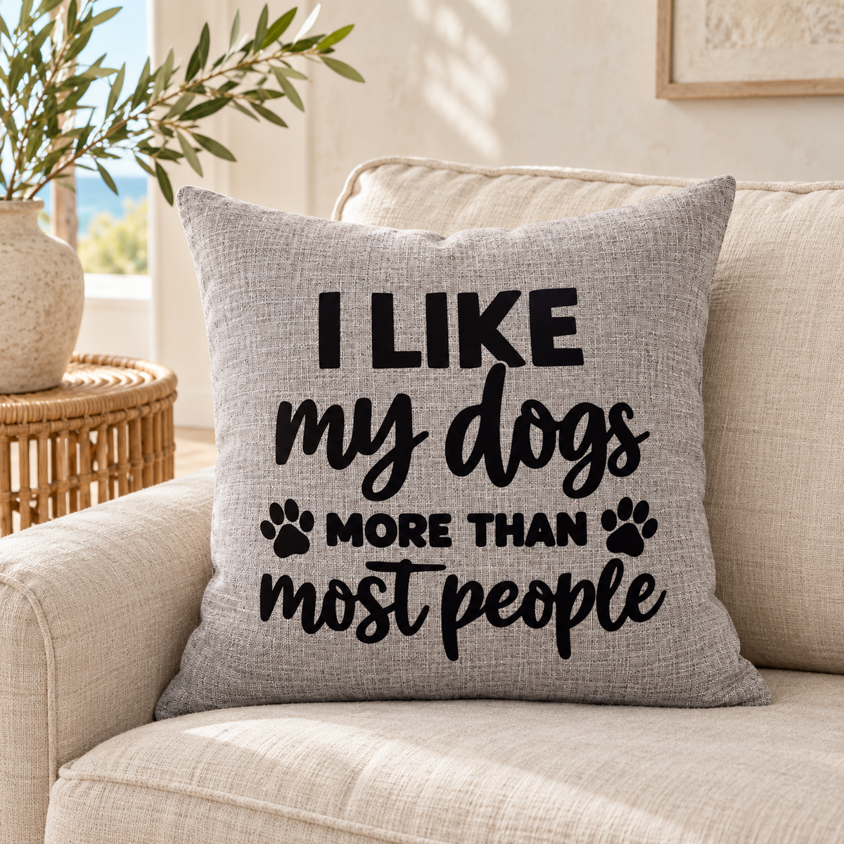 I like my dogs more than most people funny quote on grey cushion