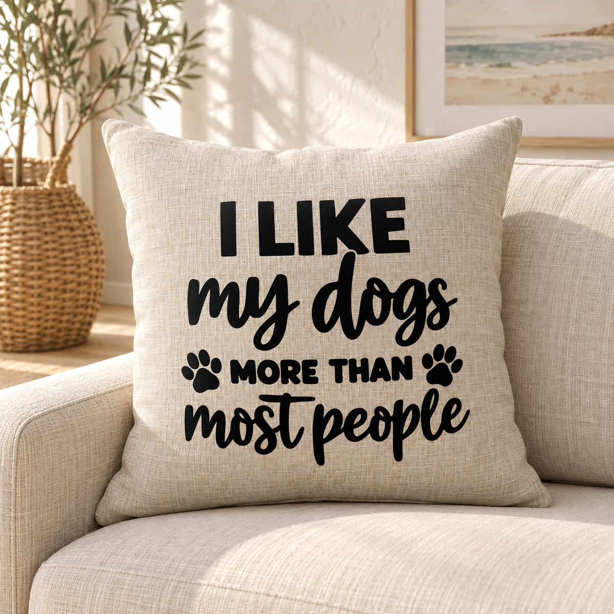 I like my dogs more than most people funny quote on natural cushion