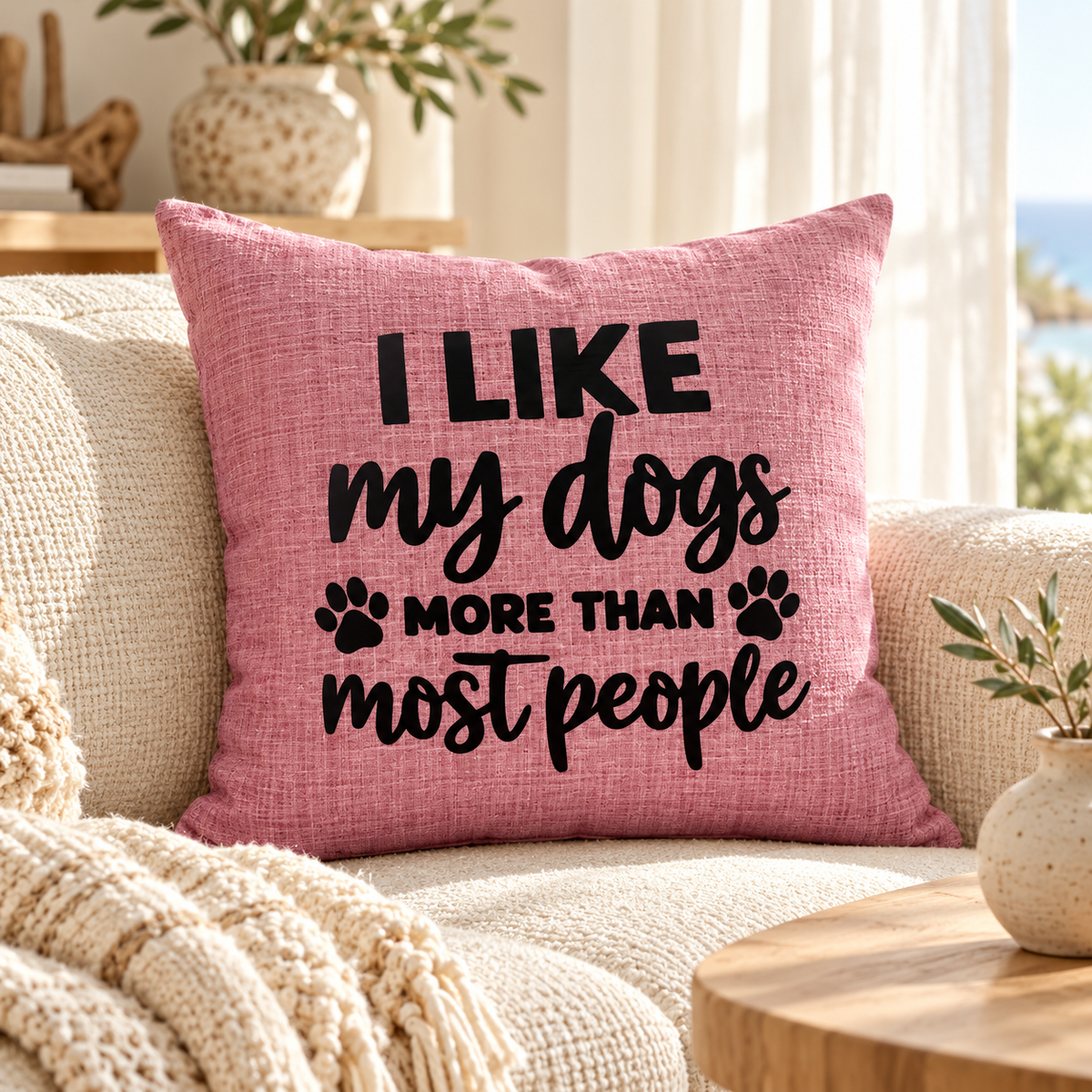 I like my dogs more than most people funny quote on pink cushion