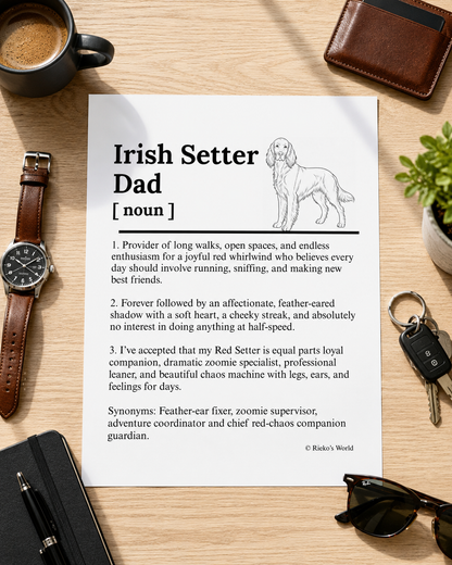 Irish Setter Dog Dad Dog Mum Definition print, digital download wall art for dog mums and dog dads Australia | Rieko's World