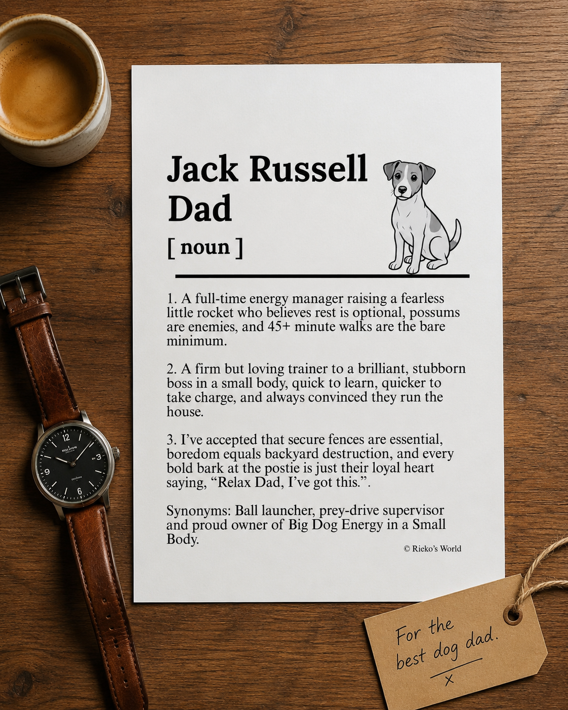 Jack Russell Dog Dad Dog Mum Definition print, digital download wall art for dog mums and dog dads Australia | Rieko's World