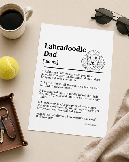 Labradoodle Dog Dad Dog Mum Definition print, digital download wall art for dog mums and dog dads Australia | Rieko's World