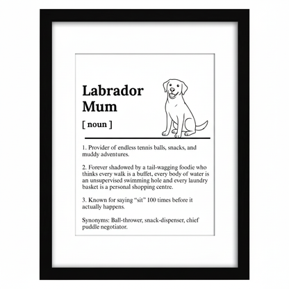 Labrador Dog Mum Definition print, framed wall art gift for dog mums Australia | Rieko's World