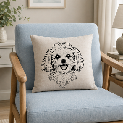 Maltese dog cushion cover on blue accent chair in neutral styled room — Maltese mum gift Australia by Rieko's World